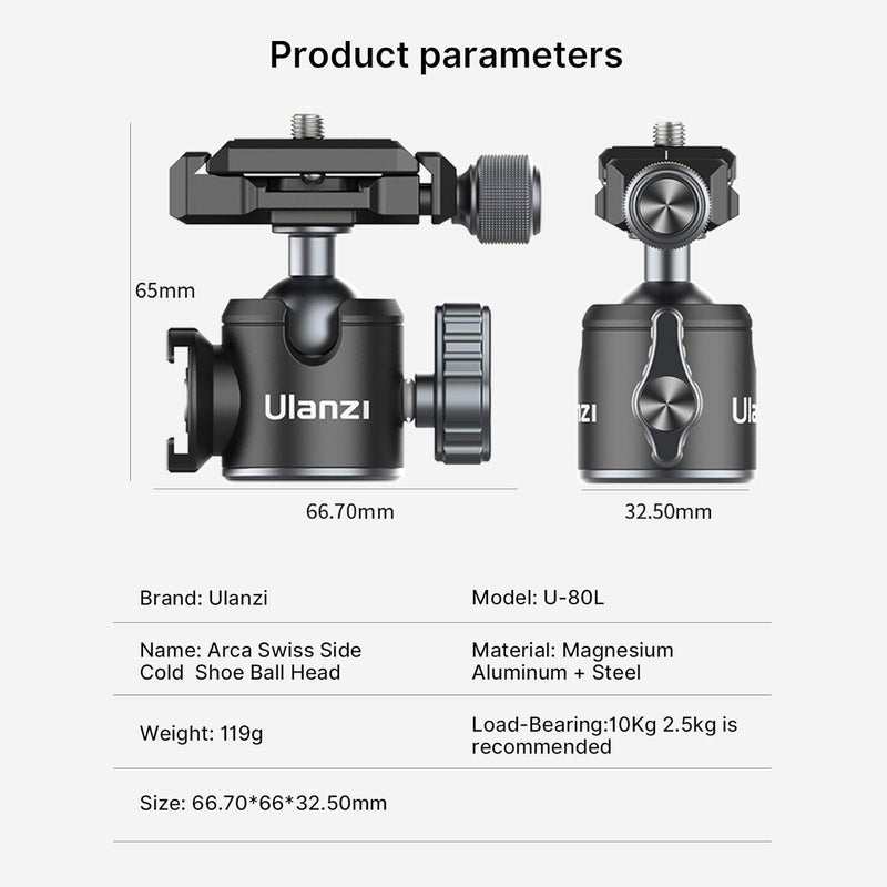 PICTRON تركيب كاميرا معدني ULANZI U-80L برأس كروي Arca Swiss دوار 360 مع لوحة إطلاق سريعة وحذاء بارد، سعة تحميل 22lbs/10kg لثلاثي القوائم 1/4"، أحادي القوائم، DSLR - Image 5
